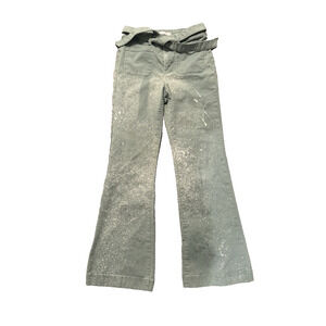 Lauren Conrad Flare Pants Size 6 Green White Splatter Print Fabric Tie Belt